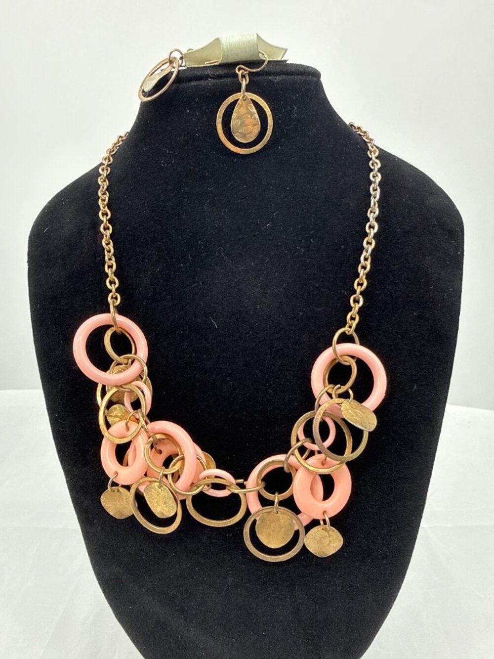 EsMor Pink Pastel Gold Ring Statement Bib Necklace & Earring Set Boho Mod Retro